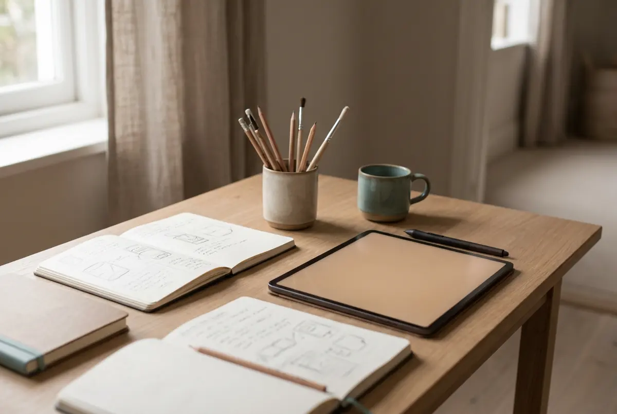 Scrivania con schizzi di storyboard e un tablet
