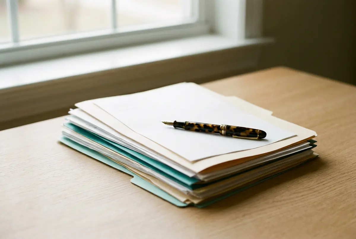 Pile de courriers médicaux avec un stylo plume sur un bureau