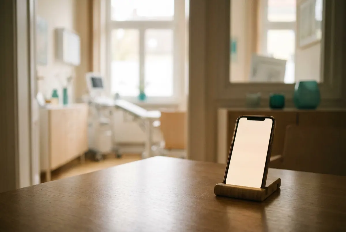 Smartphone sur un support posé sur le bureau du cabinet