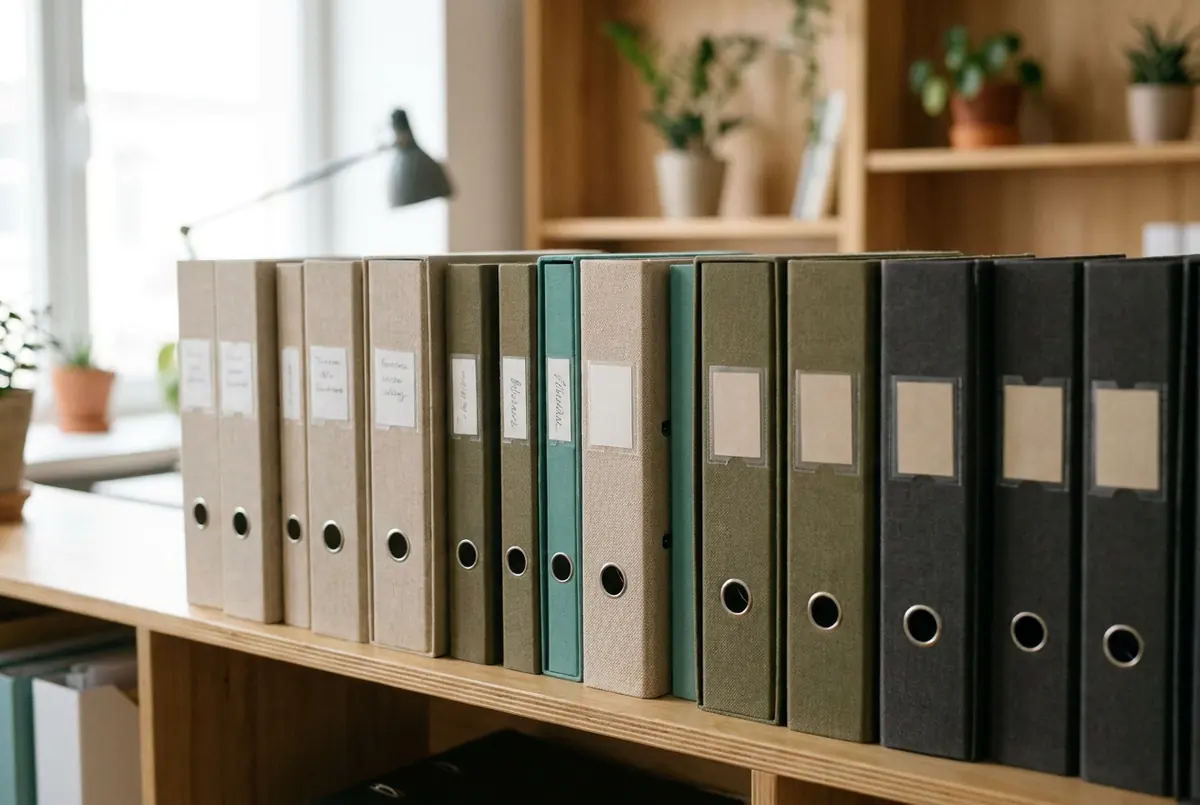 Beschriftete Ordner in einem Büroregal