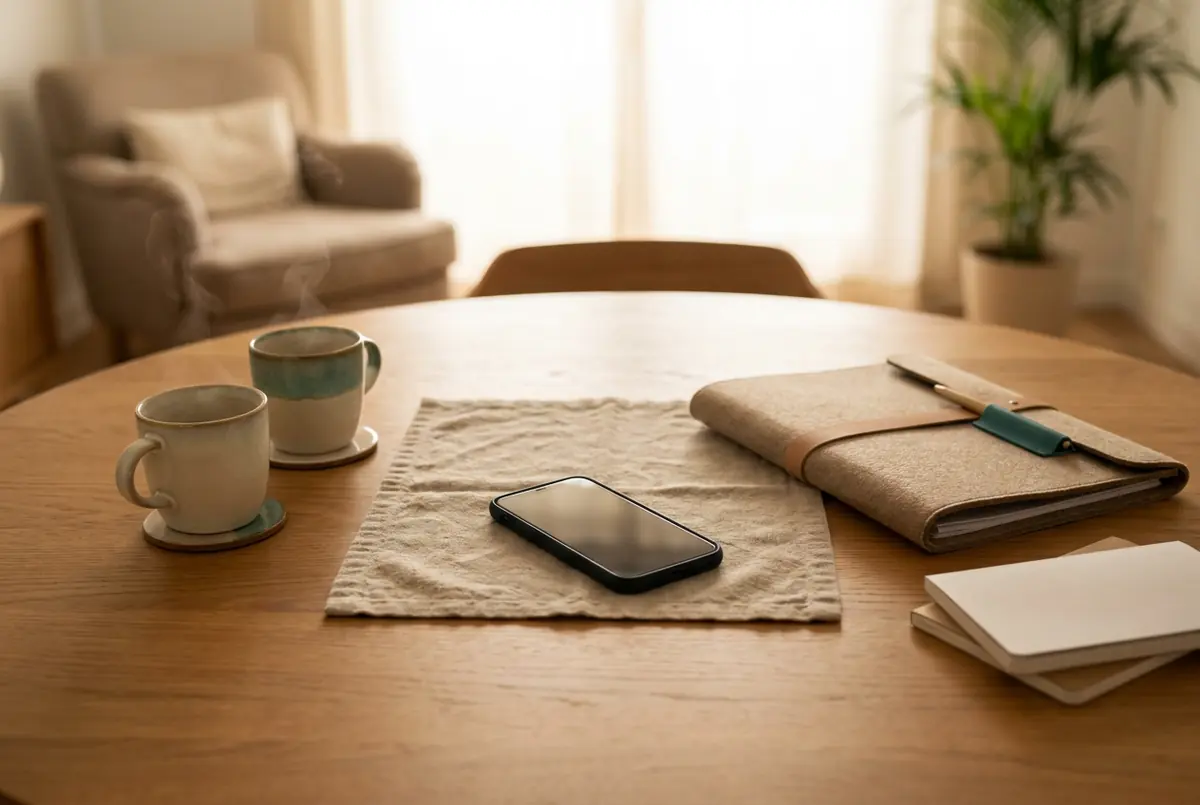 Besprechungstisch mit Smartphone, Kaffeetassen und Mappe