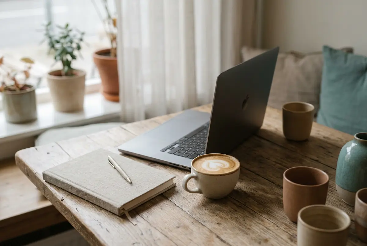 Cafétisch mit Laptop und Notizbuch