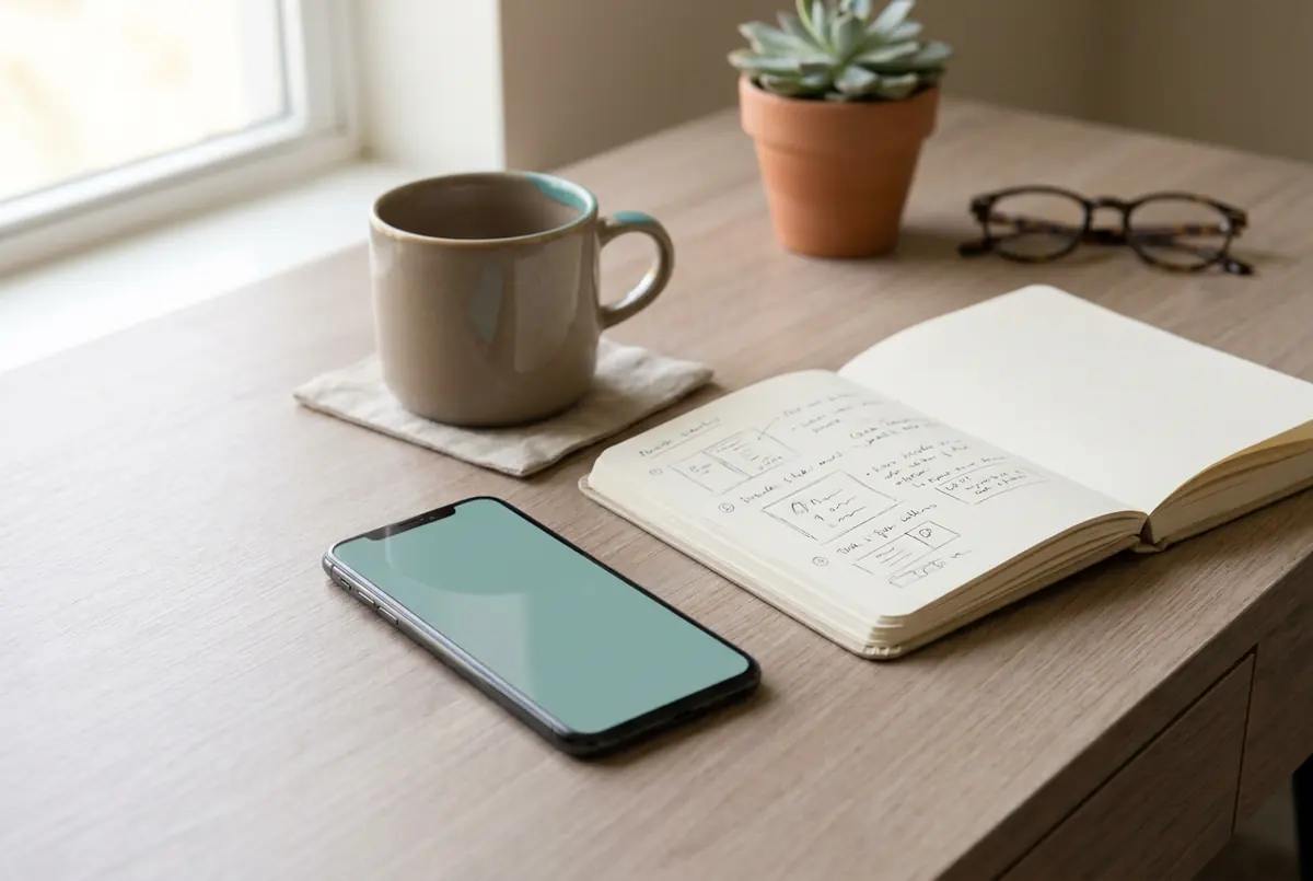 Smartphone neben Notizbuch und Tasse