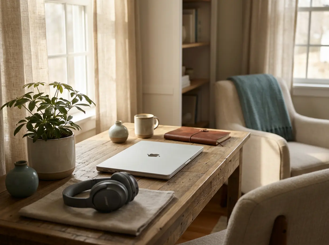 Schreibtisch im Homeoffice mit Laptop, Kopfhörern und Pflanze