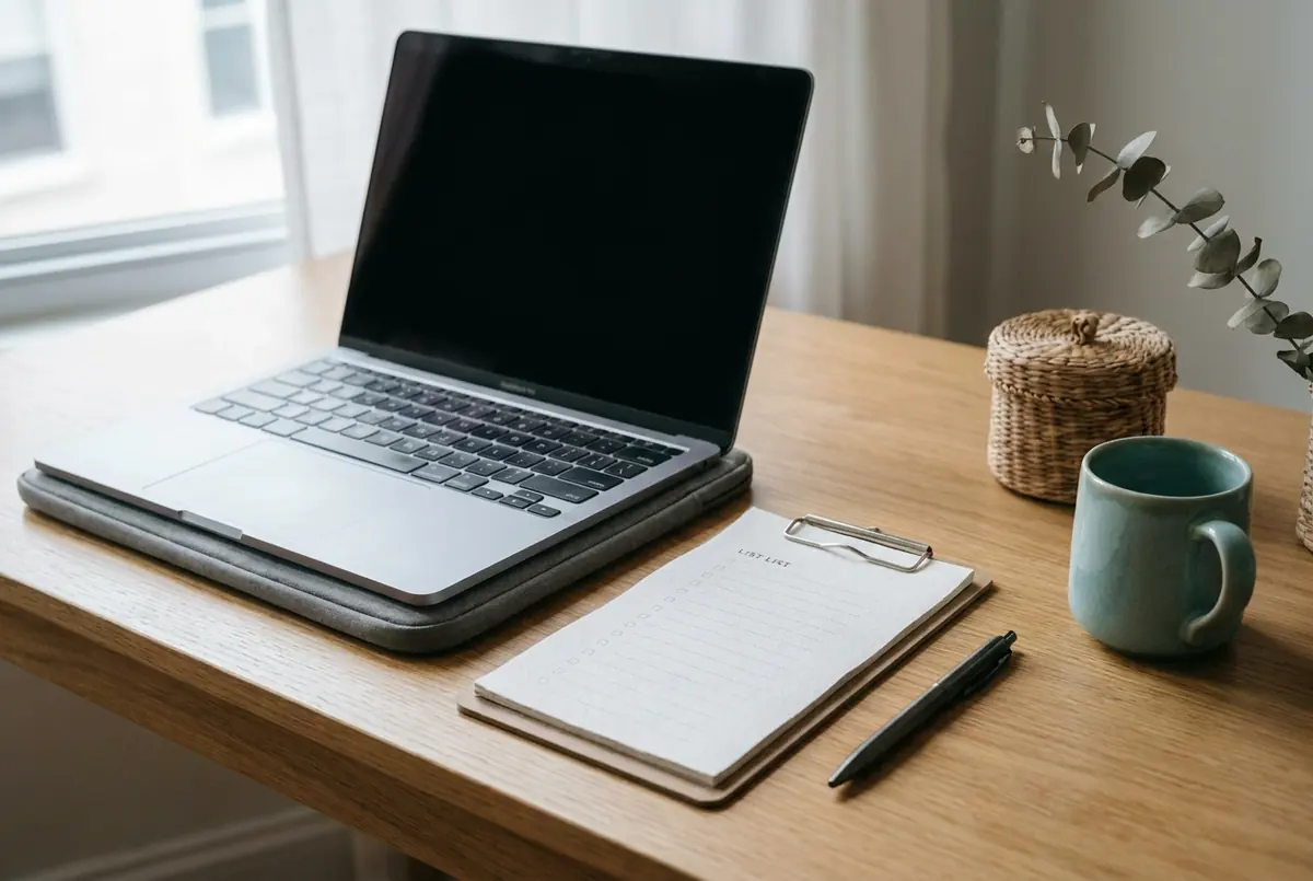 Laptop e un elenco stampato su una scrivania