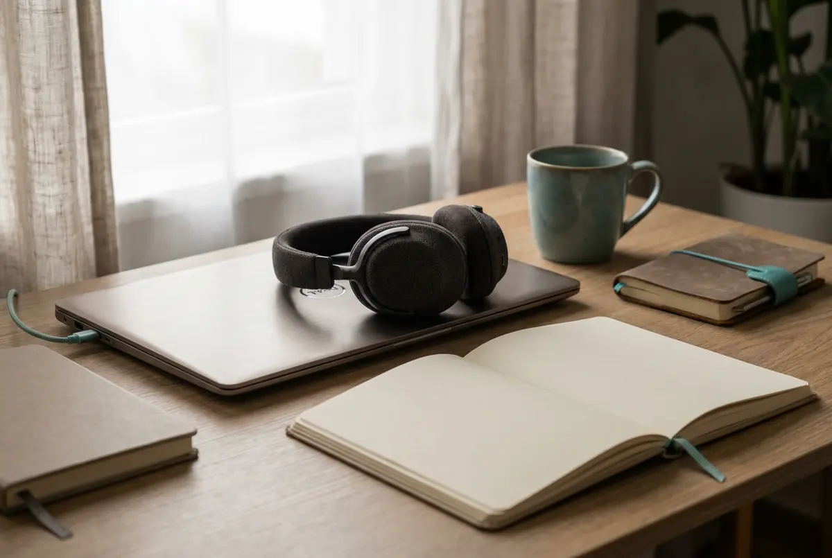Cuffie con microfono accanto a un laptop e un taccuino