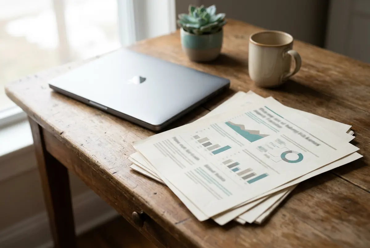 Ausgedruckte Seiten eines Investoren-Updates und ein Laptop