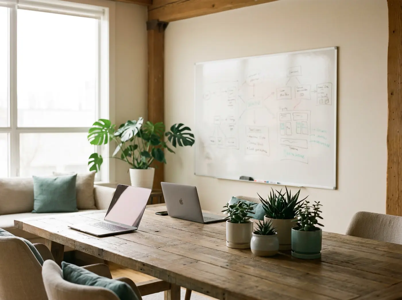 Loft-Büro eines Startups mit Laptops, Whiteboard und Pflanzen